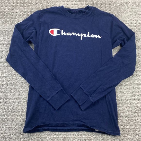 Champion Shirt Women Small S Navy Blue Long Sleeve Spell Out Graphic T-Shirt - Picture 1 of 11